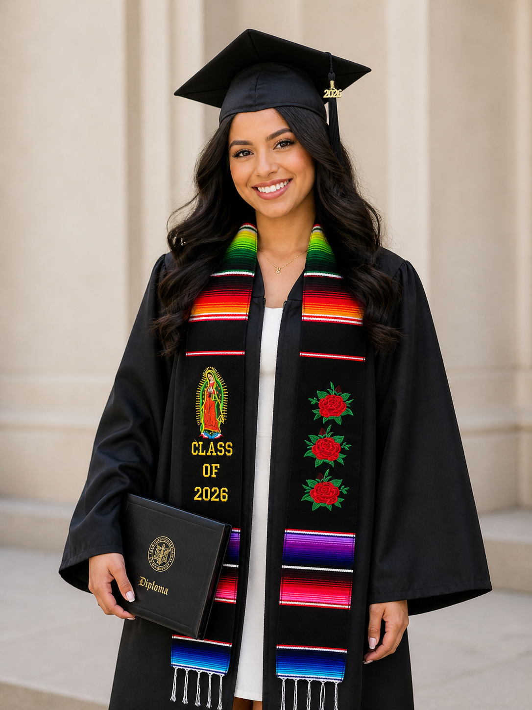 Graduation Stole Virgen Mary Roses Black 2026