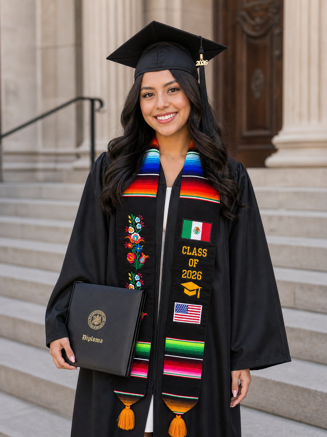 Graduation Stole USA/Mexico Flag Flowers 2026