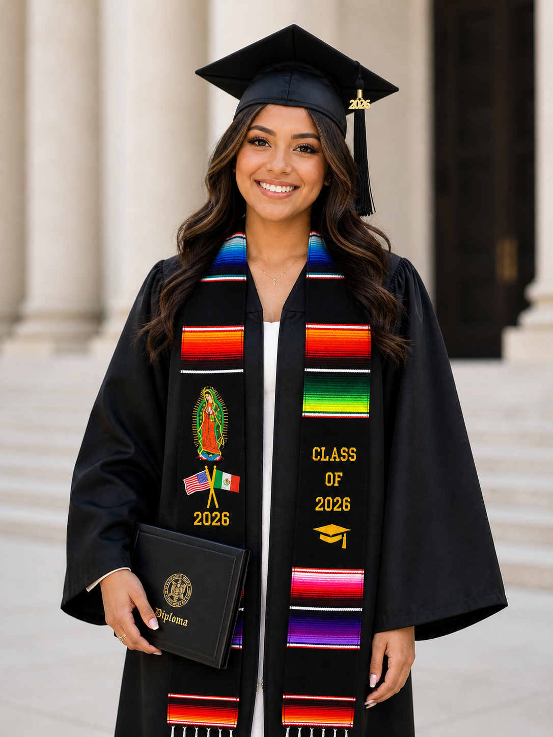 Graduation Stoles Virgen Mary USA/Mex Flag