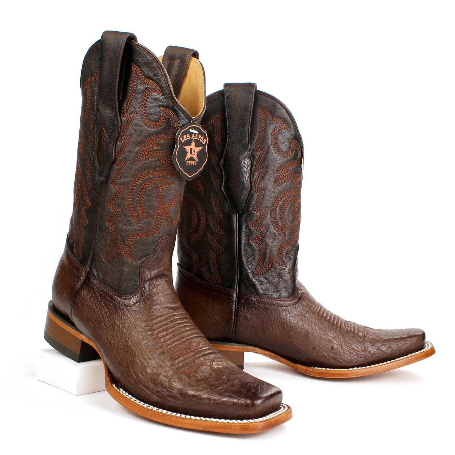 Los Altos Men's Faded Brown Smooth Ostrich Belly Square Toe Cowboy Boots